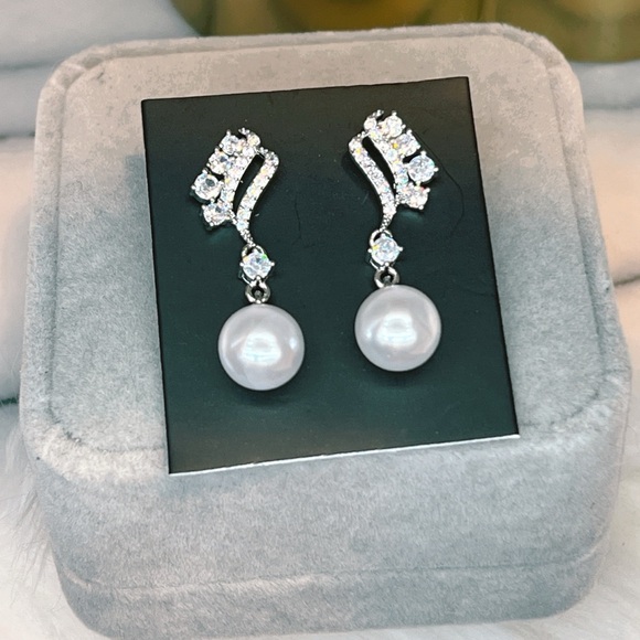 Neiman Marcus Jewelry - White gold CZ diamond pearl plated silver 1.5” earrings